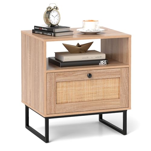 COSTWAY Nachttisch Rattan, Nachtschrank mit Schublade und offenem Fach, Beistelltisch, Sofatisch, Nachtkonsole im Boho-Sti für Schlafzimmer, Wohnzimmer, 48 x 39 x 54,5 cm