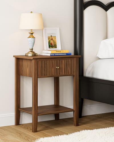 HEYZOEY Nachttisch, Retro Nachtschrank mit 1 Schublade, Massivholz Nachttisch, Boho Nachtkommode für Schlafzimmer, Wohnzimmer, Château-Nussbaum
