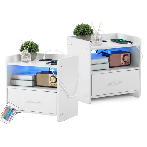 Bonnlo Nachttisch mit LED-Beleuchtung & USB-Anschlüssen, Kleiner Beistelltisch, Nachtschrank mit Schubladen, Nachtkommode Boxspringbetten, Kommode 30cm breit Schlafzimmer, 39 x 29x 41 cm, Weiß (2)