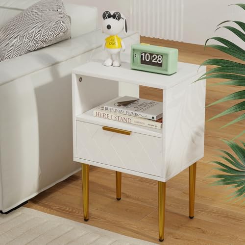 DHHOZAMZ Nachttisch Weiß, Nachttisch Holz Nachtschrank mit 1 Offenen Ablagen und 1 Schublade, Modern Nachtkästchen, Boho Nachtkommode für Schlafzimmer, Wohnzimmer, Weiß und Gold, 30x40x57cm