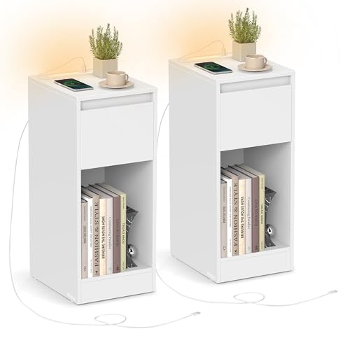 VASAGLE 2er Set, schmal, Beistelltisch, LED Beleuchtung, 1 USB A Anschluss, 1 USB C Anschluss, Schublade, offenes Fach, für Schlafzimmer, Wohnzimmer, wolkenweiß LET710W01