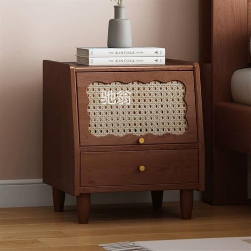 Nachttische, Massivholz-Nachttisch, Rattan-Aufbewahrungsschra nk mit Klapptür, Kleiner Nachttisch mit Schublade, Kleiner Beistelltisch für Schlafzimmer und Wohnzimmer (Walnussfarbe)
