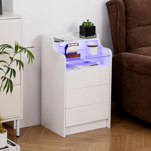 Ikewaier LED Nachttisch Weiß, Hochglanz Nachtschrank mit 3 Schubladen, Moderner Beistelltisch mit LadeStation (2 Steckdosen + 2 USB-Anschlüsse) für Wohnzimmer, Schlafzimmer & Arbeitszimmer