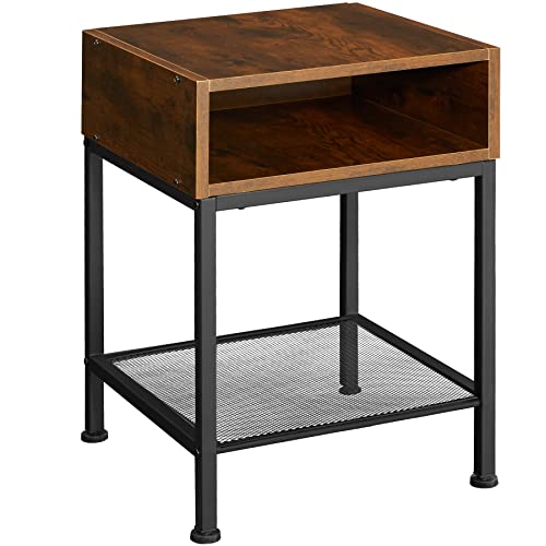 tectake Nachttisch im Industrie-Design, Beistelltisch mit offenem Fach und Gitterablage, für Wohnzimmer, Schlafzimmer, einfacher Aufbau, Metallgestell (Industrial Dunkelbraun)