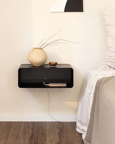Metallbude Hängender Nachttisch NELIO Schwarz - Moderner schwebender Nachtschrank aus Metall - Kratz-, Stoß- & Schlagfest - 47x17x25 cm