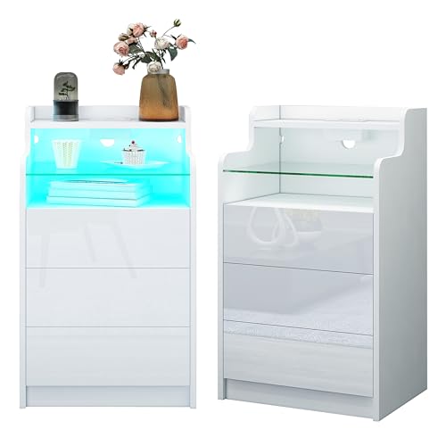 Ikewaier 2er Set LED Nachttisch Weiß, Hochglanz Nachtschrank mit 3 Schubladen, Moderner Beistelltisch mit LadeStation (2 Steckdosen + 2 USB-Anschlüsse) für Wohnzimmer, Schlafzimmer & Arbeitszimmer