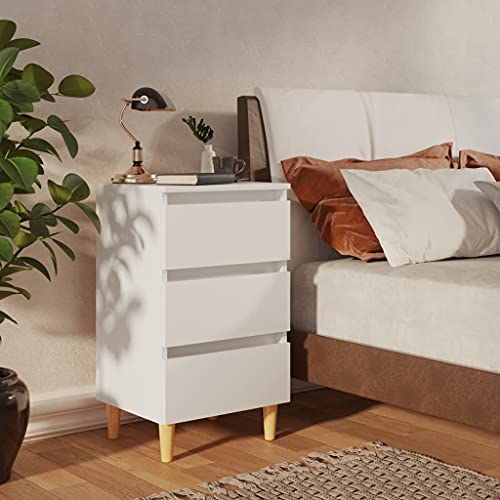 KATERYY Nachttisch mit Massivholz-Beinen Weiß 40x35x69 cm,Skandinavischer Nachttisch mit Stauraum und Holzbeinen in Weiß Schlafzimmer, Nachttische