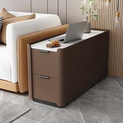 WYRNOBRX Nachttisch Schmal Kleiner Nachtschrank Beistelltisch Mit 2 Schubladen Offenes Fach Schlichter Nachtkommode Modern Nachtkästchen Wohnzimmer Oberfläche Aus Steinplatten,Braun,L12*W3 1*H22
