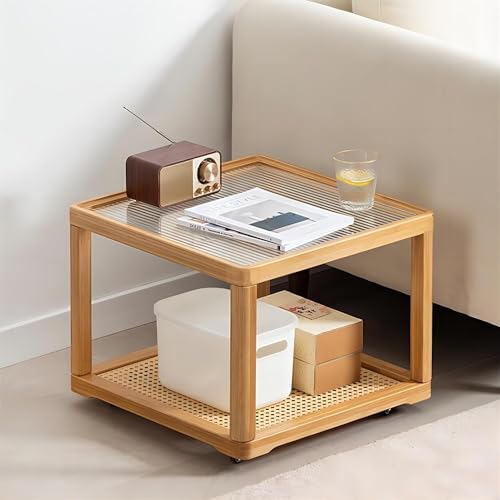 Glas Couchtisch, für großen oder kleinen Raum, kleine Quadratmeter-Kaffeetische Rattan-Nachttische, für Wohnzimmer, Schlafzimmerlänge verstellbare 2-stufige Mittelmitte-Tisch