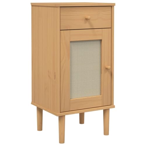 vidaXL Nachttisch, Nachtschrank Rattan-Look, Nachtkommode mit Stauraum für Schlafzimmer, Nachtkonsole Beistelltisch, Braun Massivholz Kiefer