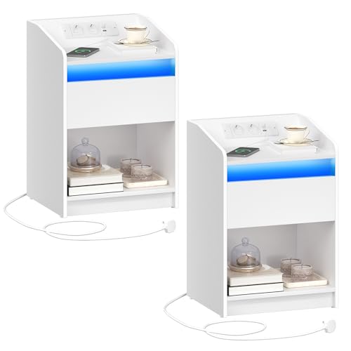Hzuaneri Nachttisch, mit LED-Licht - Beistelltisch mit Ladestation, 1 Aufbewahrungsschublade Nachttisch für Schlafzimmer, Wohnzimmer, 2 USB-Anschlüsse, 2 Steckdosen, 2er Set, Weiß NS09003X