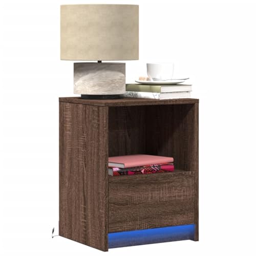 Youuihom Nachttisch mit LED-Leuchten Braun Eichen-Optik Holzwerkstoff Telefontisch Beistelltisch Klein Wohnzimmer Möbel Beistelltisch Bett für Bad Jugendzimmer Wohnzimmer Schlafzimmer