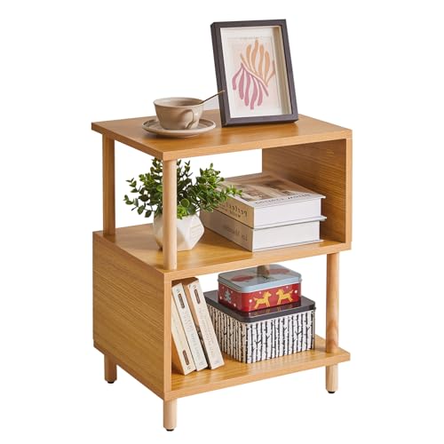 Aibiju YD-TM152N Nachttisch aus Holz Mit Offenem Regal, Massivholzbeinen, S-förmig, 3 Etagen, 50,8 cm, Hochwertiger Tisch, Naturholz