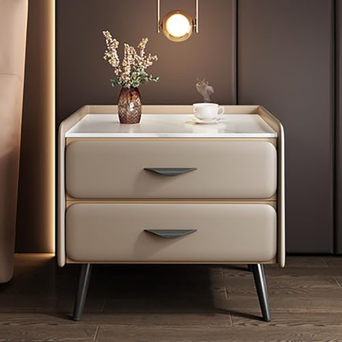 Moderner luxuriöser Nachttisch mit PU-Leder-Finish Cheat-Marmor-Top und 2 Schubladen Schließfächer minimalistischer Nachttisch für Schlafzimmer oder Wohnzimmer 40 x 40 x 52 cm (16 x 16 x 20 Zoll) Kaki
