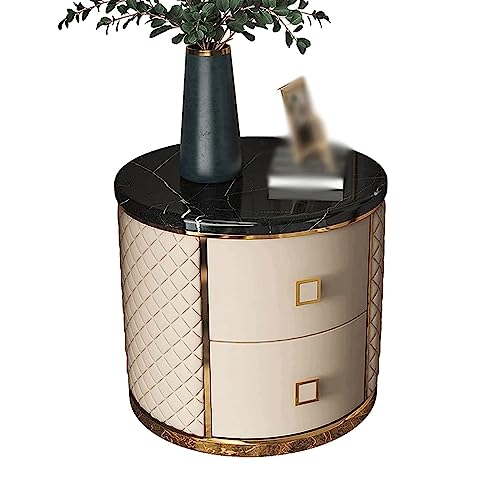 , rund, Marmor, Beistelltisch, 2 Schubladen,, aus Leder, D47 x H48 cm,
