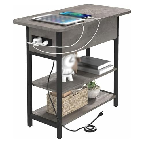 JUSKAQZYI Klappbarer Nachttisch, schmaler Beistelltisch mit USB-Anschlüssen und zweistufigem Ablagefach for Schlafzimmer, Wohnzimmer, Büro(Grey)