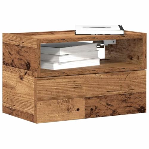 Runheo Wand-Nachttisch Altholz-Optik 45x26x28,5 cm, Holzwerkstoff Schlafzimmer Nachtkonsole mit Schublade, schwebender Beistelltisch für Bücher, Zeitschriften