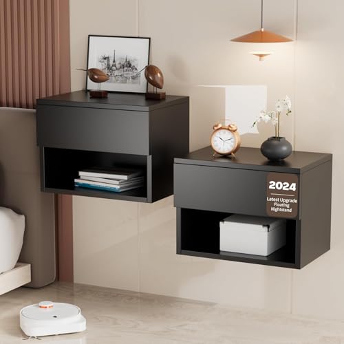 Kiseely Nachttisch hängende, Schwebender Nachtschrank mit Schubladen und viel Stauraum, hölzerner Nachttisch Regal, Beistelltisch Holz moderner für Schlafzimmer (Schwarz EN1, 2 Packs)