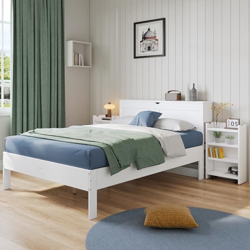 BXEYXE Holzbett 140 * 200, Doppelbett mit Lattenrost und Kopfteil, Jugendbett mit 2 ausziehbaren Nachttischen, Stauraum am Kopfende, für Erwachsene und Jugendliche geeignet, einfache Montage, weiß