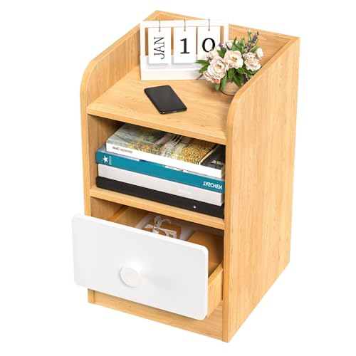 OSKOPWRC Nachttisch aus Holz, schmaler Nachttisch, Kleiner Nachttisch mit Schublade und offenem Regal, Nachttisch für Schlafzimmer Holzfarbe