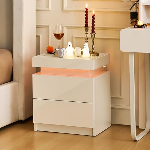CLIPOP Nachttisch mit LED-Beleuchtung,Hochglanz front Nachtschrank, Einstellbare Farben,Weiß Beistelltisch Sofatisch mit Schubladen und Staufach für Wohnzimmer,Schlafzimmer,3 5 x 45 x 52 cm