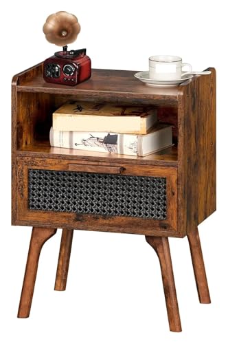 Rattan-Nachttisch, Boho-Beistelltisch mit Schublade, offenes Regal, Stangen-Akzent, Nachttisch mit Massivholzbeinen für Schlafzimmer (braun)