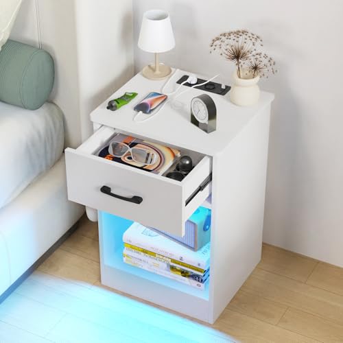 Lvhecforhm Nachttisch mit Ladestation und LED-Beleuchtung, Nachttische mit Verstellbarer LED-Beleuchtung, Nachttische mit Schubladen, Offener Raum, Nachttisch 40x35x60cm, Ablagetisch Weiß
