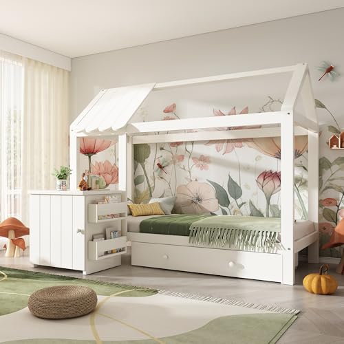 Gelukueub Hausbett Kinderbett 90x200 cm aus Massivholz mit Schubladen & abnehmbarem Nachttisch - Bodenbett, ohne Matratze (Weiß)