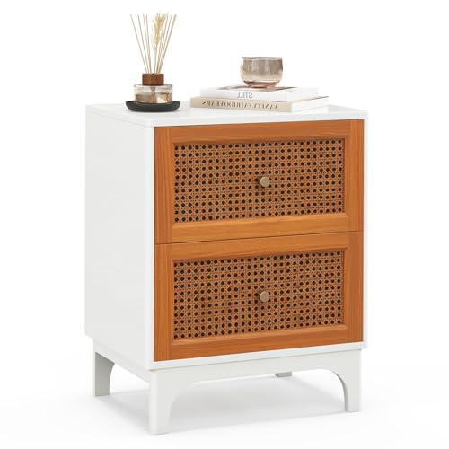 COSTWAY Nachttisch Rattan, Nachtschrank mit 2 Schubladen, Beistelltisch mit Massivholzbeinen, Nachtkommode im Boho-Stil, Sofatisch für Schlafzimmer, Wohnzimmer, 46 x 33 x 59,5 cm