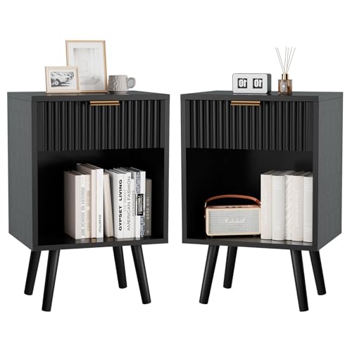 YMYNY Nachttisch 2er Set, Beistelltisch, Nachtschrank mit Stauraum, Schubladen geriffelte Fronten, Goldener Griff, Massivholz Beinen, Modern, für Schlafzimmer Wohnzimmer, Schwarz HST013B-2