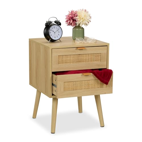 Relaxdays Nachttisch, 2 Schubladen mit Rattan, Holzoptik, HxBxT: 55 x 40 x 41,5 cm, Schlafzimmer, Nachtschrank, natur