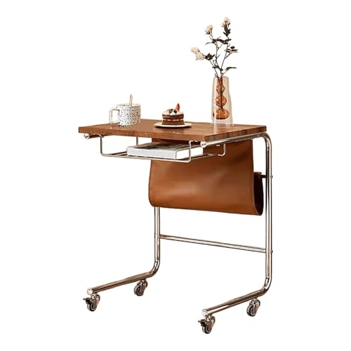C-förmiger Beistelltisch mit Massivholzplatte und Leder-Aufbewahrungstasche , Edelstahl-Basis, moderner Beistelltisch für Schlafzimmer und Wohnzimmer (A)