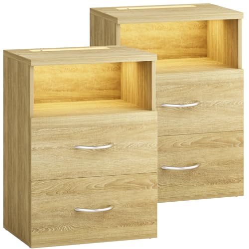 Casaria® Nachttisch 2er Set Touch LED Beleuchtung 40x28x55cm Holz 2 Schubladen Boxspringbett Schlafzimmer Wohnzimmer Beistelltisch Nachtschrank Eiche