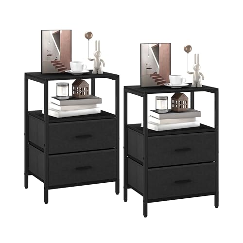 Hzuaneri Nachttisch 2er Set, Beistelltisch mit 2 Stoff-Schubladen und Regalen, Offenes Fach, Couchtisch, Nachtschrank Schlafzimmer, für Wohnzimmer, Schlafzimmer, Schwarz NS30704B