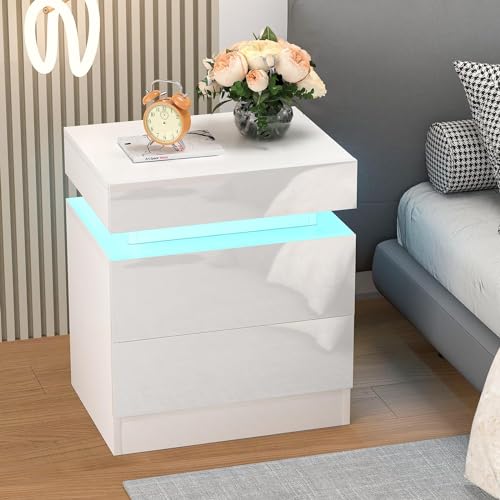 Lvhecforhm Nachttisch mit LED-Beleuchtung, Hochglanz Nachttisch Einstellbare Farben, Modern Nachttisch 2 Schubladen, Nachtischschränke 45x35x52cm Sofatisch, Nachtkommode für Schlafzimmer Wohnzimmer