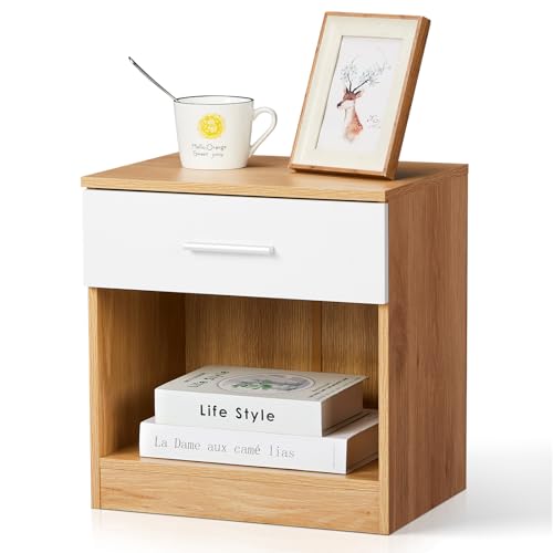 LEADZM Nachttisch Nachtschrank Schlichter Beistelltisch Kommode offenem Fach und 1 Schublade für Schlafzimmer, Wohnzimmer Eichen Farbe&Weiß 39 x 29 x 41cm