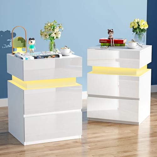 Nachttisch weiß 2er Set, Nachttisch mit Beleuchtung, Einstellbare 16 Farben, Kommode mit 2 Schubladen, Versteckte Schiebeschränke, Modern Schrank für Schlafzimmer Wohnzimm