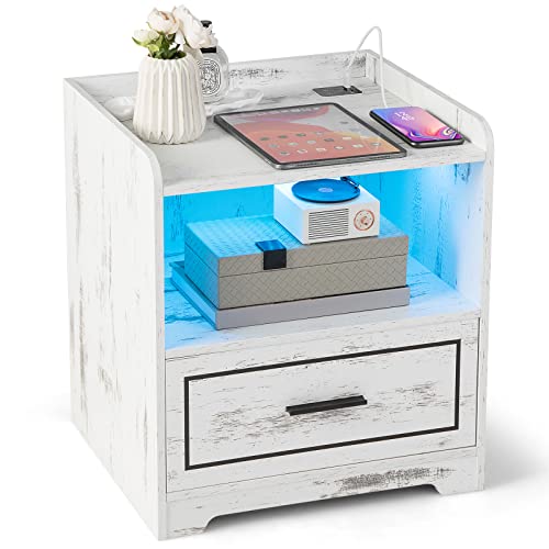 RELAX4LIFE Nachttisch mit LED-Beleuchtung, 3 Farblicht dimmbar, Nachtschrank mit Schublade & offener Ablage, Nachtkommode mit USB & Type-C Laden, Menschliche Sensorfunktion, 45x40x50 cm (1, Weiß)