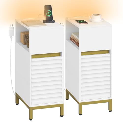 Hzuaneri Nachttisch 2er Set, Schmal Beistelltisch mit LED-Beleuchtung, 1 USB-A-Anschluss, 1 USB-C-Anschluss, Nachttische mit Seitliches offenes Fach, für Schlafzimmer, Wohnzimmer, Weiß-Gold NS00603G