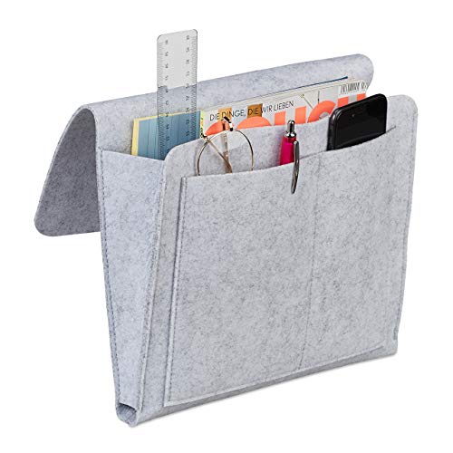 Relaxdays Betttasche, zum Einhängen, 5 Fächer, Aufbewahrung Bett & Sofa, Filz Bettorganizer HBT 26 x 28 x 5 cm, hellgrau