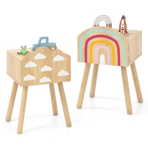FANTASK Kinder Nachttisch, 2 er Set Nachtkommode mit Regenbogen- & Wolkenmustern kleinem, Beistelltisch niedlich Schrank & Massivholzbeinen, Nachtschrank für Kinderzimmer, 34 x 30 x 54 cm