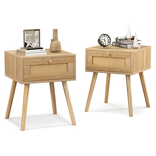 RELAX4LIFE Nachttisch 2er Set, mit Schublade, Beistelltisch mit Rattan-Design, Nachtkommode mit Massiven Kiefernholzbeinen & Metallgriff, Sofatisch Wohnzimmer Schlafzimmer, 40 × 40 × 55 cm (2)