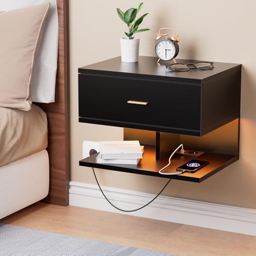 Ztexkee Hängender Nachttisch mit Steckdose Nachtschrank hängend mit RGB LED Lichtleiste und 1 Schublade 1 Fach für Schlafzimmer, Wohnzimmer Schwarz