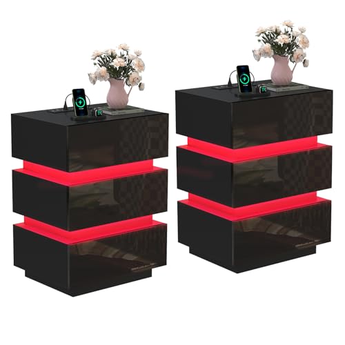 PIPIPOXER LED Nachttisch 2er Set mit Steckdose & USB, 2 AC-Steckdosen, 2 USB-Anschlüsse, Nachttisch Schwarz Hochglanz mit 3 Schubladen, Nachtschrank mit 16 Farbe RGB Licht, 45x35x61cm Nachtschrank