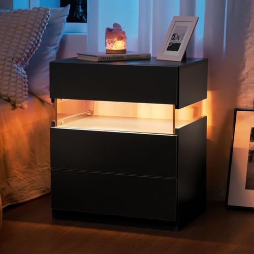 LLODERY Moderner Nachttisch mit LED Beleuchtung 50x37x60cm, Beistelltisch/Sofatisch 3 Schubladen, Nachtschrank für Schlafzimmer oder Wohnzimmer. Stilvolle Wohnzimmer-/Schlafzimmer möbel. (Schwarz)