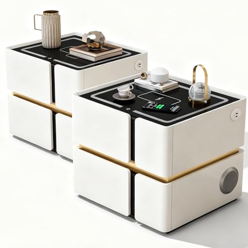 2er-Set Nachttisch mit LED & Kabelloses Ladestation, Bluetooth-Lautsprecher, 3 Licht Dimmbar, Nachtschränke mit 2 Schubladen, 2USB & 1Type-C, Weiss Beistelltisch für Schlafzimmer & Wohnzimmer