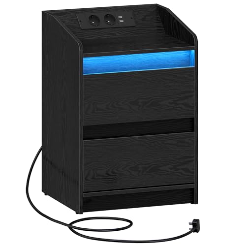 Hzuaneri Nachttische LED Lichtern, Ladestation 2 Schubladen, USB Anschlüssen & Steckdosen, Stilvoll vielseitig, ideal für Wohnzimmer Schlafzimmer, NS30004X
