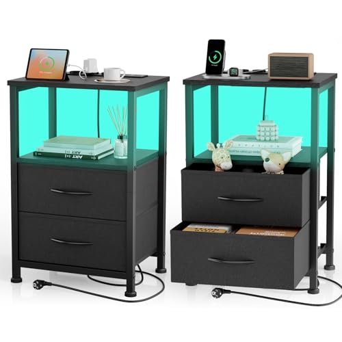 Yornoli 2er Set LED & Ladefunktion, Beistelltisch Schublade, 3 AC Anschlüsse & 2 USB Anschlüssen, Beistelltische fürs Wohnzimmer, Schlafzimmer,