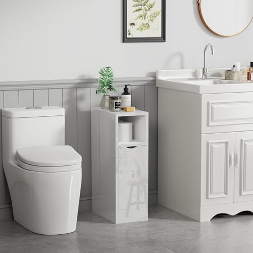 Modern Weiß Hochglanz Schlank Nachttisch Nachttisch mit Schublade und Regal Kleiner Endtisch für Wohnzimmer Ecke Schlafzimmer oder Sofa Seitenschrank für schmale Räume