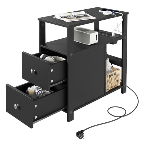 WOLTU Beistelltisch mit Steckdose, Nachttisch mit Ladefunktion, Sofatisch schmal, mit 2 Schubladen 2 Ablagen 1 Fach, für Wohnzimmer Schlafzimmer, 60x60x30 cm, Schwarz, BTS28sz